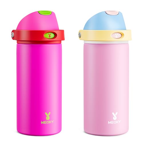 Image of Meoky 2 Pack 18 oz Insulated Kids Water Bottle for Sports | 2-in-1 Straw and Spout Lid, Leak Proof, Stainless Steel, Cold for 24 Hours, Fits in Cup Holder, All the Berries & Fruit Punch