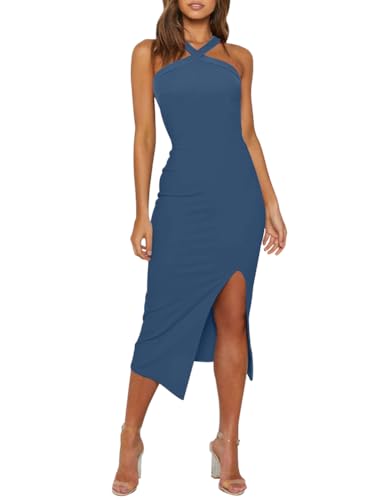 OWIN Grey Blue Slit Halter Dress