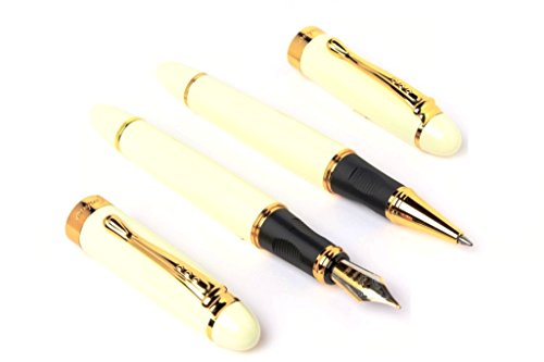 Altino Set Of 2 – Jinhao X450 Ivory White Golden Masterpiece With Broad Nib Fountain & Rollerball Pens