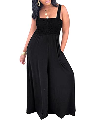 Sexyshine Women's Spaghetti Strap Smocked Pleated Tank Top Loose Wide Leg Jumpsuit Rompers With Pockets Summer Beach Outfits Clubwear(18217Bl,2Xl) Black #TOP22