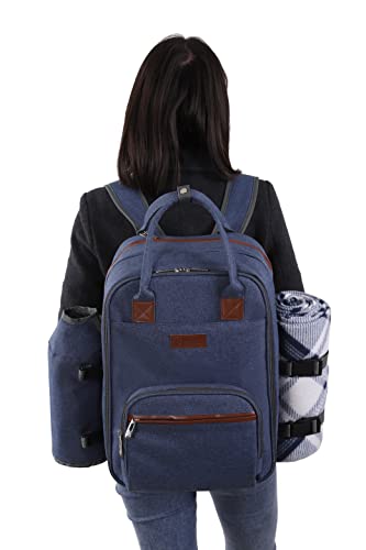 ALLCAMP OUTDOOR GEAR Picnic Backpack for 2 Person Set W/Detachable Bottle/Wine Holder, Fleece Blanket, Plates and Cutlery Set (Blue)