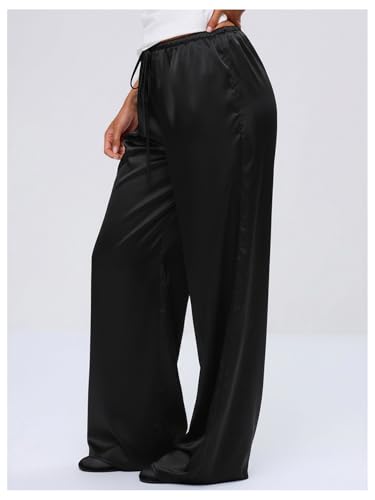 Image of MakeMeChic Women's Summer Satin Silk Pants Casual Flowy Pants Beach Vacation Wide Leg Pants