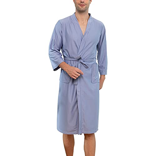 Herren-Sommer-Bademantel Mit V-Ausschnitt, Atmungsaktive, Saugfähige, Kuschelige Kimono-Bademäntel Aus Waffelbaumwolle, Mit Gürtel Und Taschen Großer Morgenmantel Für Die Hoteldusche Zu Hause,Blau,XL Cover