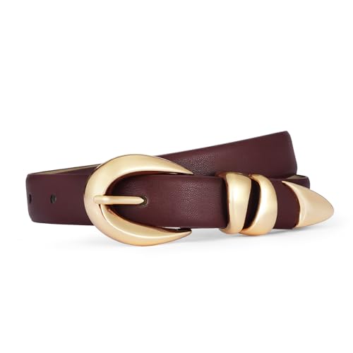 IDUNNVERVE Womens Burgundy Red Leather Belt with Gold Buckle for Jeans