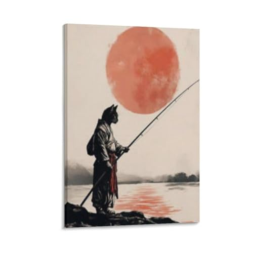 Toile chat samouraï pêcheur pour habiller un mur vide
