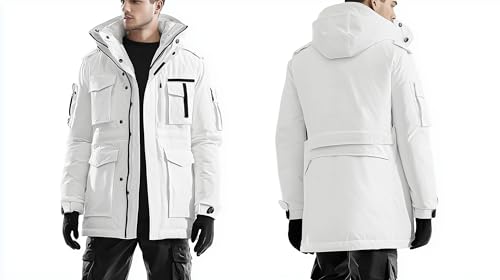 Mens Parka Classic Thigh Length Nylon Front Pockets Minimalist White Zipper Removable Hood Winter Coat Warm Parka Jackets(White Parkas, Medium)3