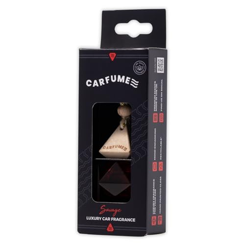 Carfume Savage Car Air Freshener Original | Premium Fresh Bergamot & Woody Ambergris Fragrance | Luxury Red Recyclable Scented Diffuser For Men - Odour Eliminator - UK Made Car Accessories