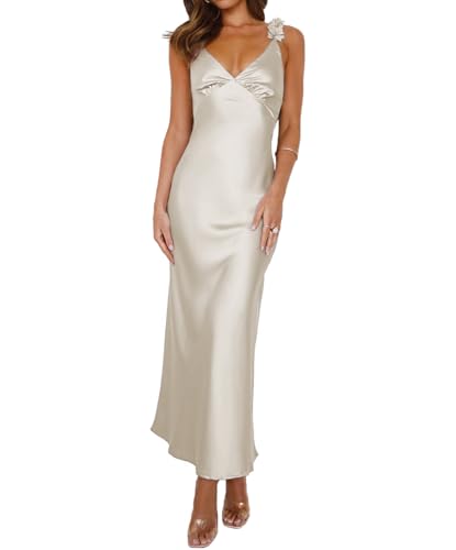 Phicia Summer Satin Spaghetti Strap V Neck Midi Dresses for Women...