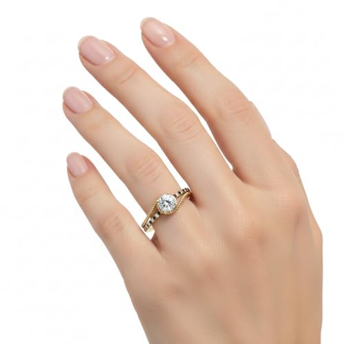 Image of Choose Your Gemstone Rope Split Shank Diamond CZ Ring Yellow Gold Plated Round Shape Split Shank Engagement Ring Minimal Modern Design Birthday Gift Wedding Gift US Size 4 to 12