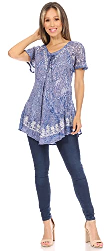 Image of Sakkas Ash Speckled Tiedye Embroidered Cap Sleeve Blouse Top with Embroidery Hems
