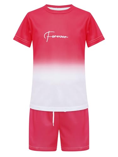 FEESHOW Kids Boys 2 Piece Gradient Sports Outfit Short Sleeve T-shirt with Athletic Shorts Set Team Training Suit Red 13-14 Years3