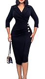 Women's Elegant V Neck 3/4 Sleeve Slim Fit Wrap Business Work Pencil Midi Dress 2XL Black