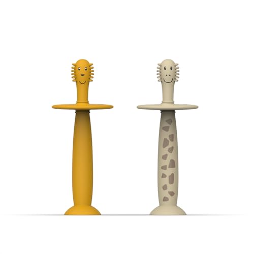 Matchstick Monkey Training Toothbrush with Stopper, for Independent Brushing, Easy to Grip Soft Silicone Handle, Antimicrobial Protection, 3 Months +, Lion & Giraffe