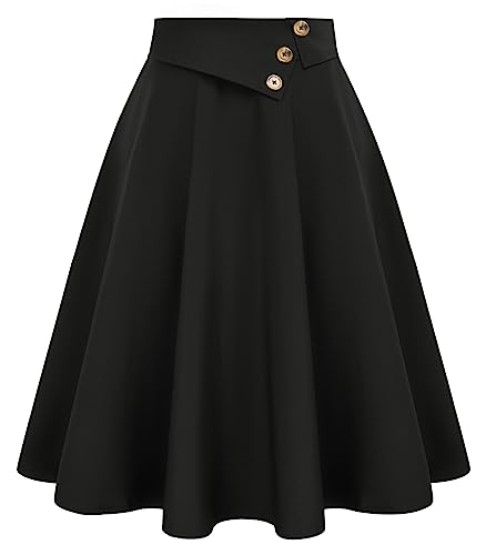Belle Poque Schwarzer Rock für Damen Vielseitiger A-Linien Swing Rock mit Taschen Knielang Schwarz BP0758-01 XL