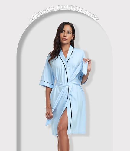 Image of ANLIQI Womens 100% Cotton Robes Lightweight Summer Short Sleeve Lady Bathrobe Knee Length Kimono Robe Sleepwear with Pockets