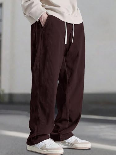 Image of Pinkmint Men's Stretchable Ribbed Track Pants | Poly Lycra Relaxed Fit Trousers | Elastic Waist Drawstring Joggers | Casual, Gym, Lounge Wear for Men