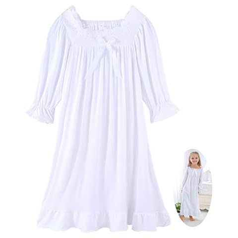 CHUNG Little Girls Vintage Victorian Nighties Long Sleeve Lace Square Neck Nightdress Princess Nightgown White, 7-8 Years Cover