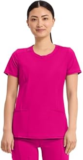 Cherokee Infinity Womens Round Neck Scrub Top, Contemporary Fit, 3 Pockets, Rib-Knit Panels, 360° Stretch – 2624A