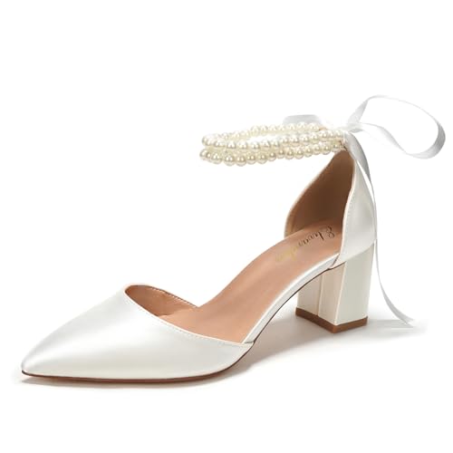 Elivandon J1585 Damen Satin Spitze Zehen Mittlerer Absatz Abend Sandalen 6 cm Blockabsatz Braut...