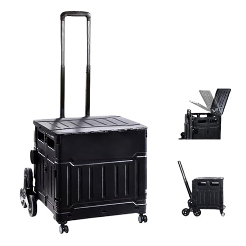 Tragbarer Einkaufstrolley mit Rädern – Verstellbarer Teleskop-Aluminiumgriff, Allzweckwagen für Lebensmittel, schwarzer Kofferraumwagen für einfaches Klettern und Transportieren