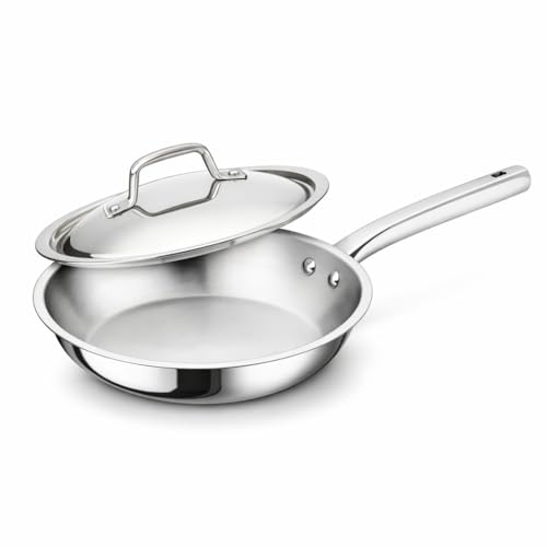 Image of Tri-Ply Stainless Steel Frying Pan with Lid 24cm | Triply Construction with Aluminium Core, Heavy Duty Skillet with Glass Lid, Riveted Handle, Induction Compatible (1.7 LTR)