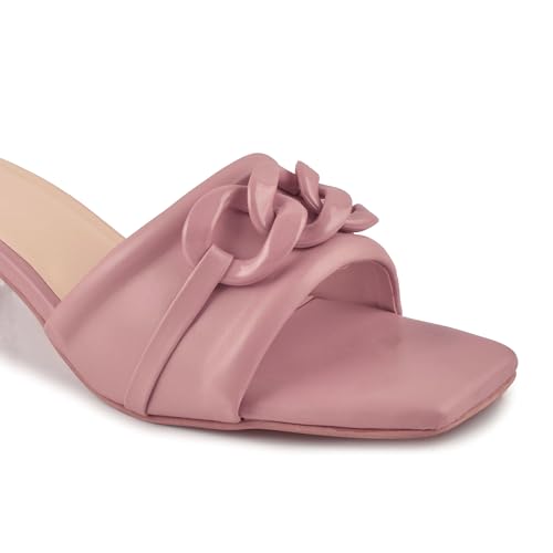 Image of Women's Slip On-On Heeled Sandals with Transparent Block Heels & Decorative Chain Strap Signora103| Fashionable Summer Slides Trendy Chain Strap Signora103