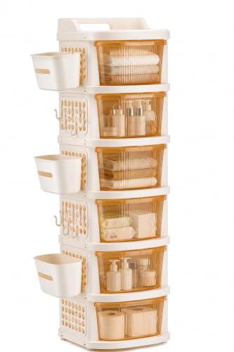 Image of Homeor 6 Tier Plastic Storage Drawer Cabinet with Wheels, Modular Chest of Drawers Organizer with Side Basket & Handle, Storage Trolley Rack for Home, Kitchen, Bedroom, Kids Room (Ivory Transparent)