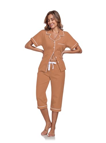 Image of COLORFULLEAF 100% Cotton Capri Pajama for Women Set Summer Short Sleeve Pj Sets for Women Cotton Sleepwear