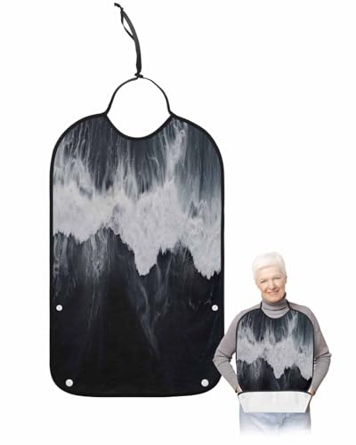 LEOKOTI Black Coastal Adult Bibs for Eating, Waterproof Bibs with Food Catcher & Adjustable Snap Closure, Summer Beach Seaside Ocean Nautical Washable Clothing Protectors Adult Bibs for Elderly