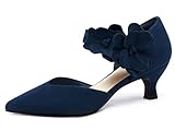 Coutgo Womens Low Kitten Heels Dressy Shoes Comfortable Closed Toe Flower Slip on Formal Party Dance Heeled Pumps, Navy, Size 7.5