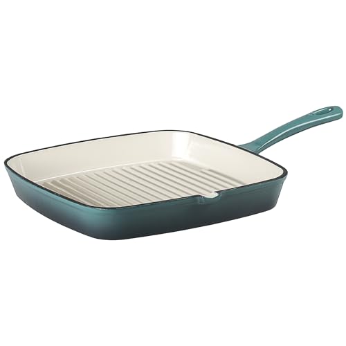 Prochef Enamelled Cast Iron Grill Pan 23cm – Heavy-Duty Griddle Skillet with Pouring Spouts, All Hob & Oven Safe, Durable & Easy to Clean, Ideal for Grilling Meats & Veg, Teal