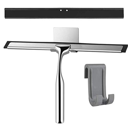 GEEDIAR Raclette de Douche Acier Inoxydable, raclette de Bain avec Joint en Silicone, Raclette de vitre sans perçage pour pour salles de Bains, miroirs, vitres, vitres de Voitures