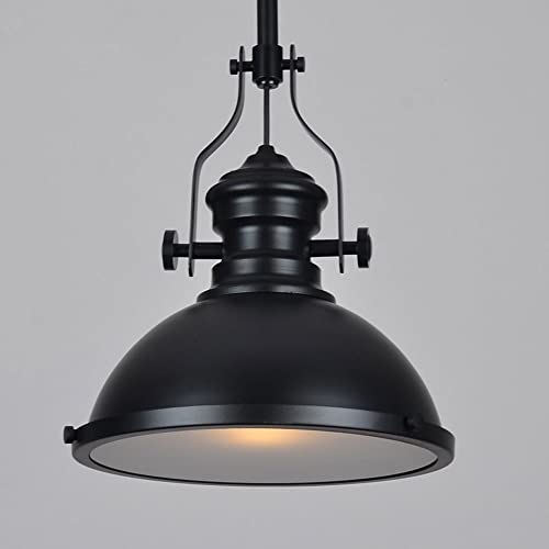 Lustre industriel vintage en fer forgé mono-lampe avec abat-jour en métal