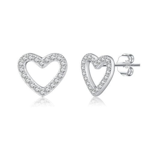 Reffeer Solid 925 Sterling Silver CZ Heart Stud Earrings for Women Teen Girls Open Heart Earrings Stud Hypoallergenic