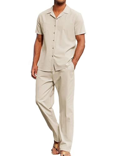 Men's 2 Piece Outfits Casual Beach Short Sleeve Button Down Shirts Loose Pant Sets Summer Vacation Walking Outfits