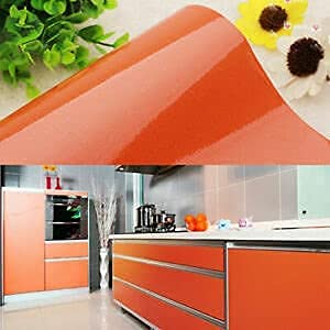 Image of HOME13 Glossy Orange Wallpaper Peel & Stick Waterproof Self Adhesive Removable Vinyl Wallpaper for Kitchen Cabinet Furniture Countertop (24x480 Inch)