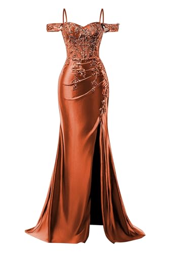 Image of Mermaid Satin Prom Dresses 2026 Lace Applique Off Shoulder Formal Evening Gown with Slit