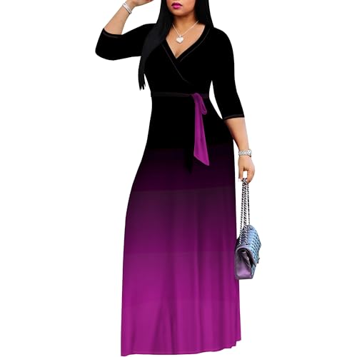 Image of PinkPatty Women's Plus Size Maxi Dress Casual 3 /4 Sleeve Dress with Belt | Soft stretch feel, printed style, flowy A-line fit, v neck, waist tie, side pockets, for vacation, party and daily wear