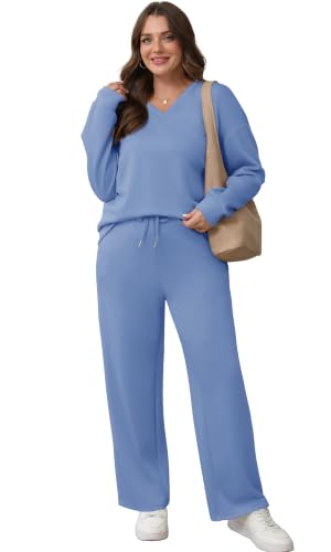 Image of WIHOLL Lounge Sets for Women 2026 V Neck 2 Piece Outfits Airport Wide Leg Pants Matching Set Sweatsuits