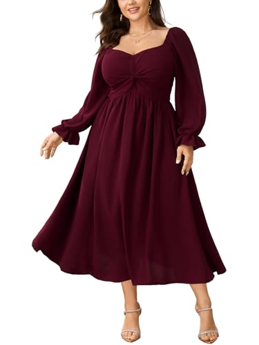 SCOMCHIC Women's Plus Size Wedding Guest Cocktail Dresses Fall Sweetheart Neckline Long Sleeve A Line Formal Maxi Dress