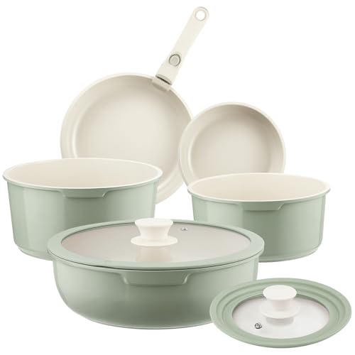 Ceramic Pots and Pans Set Non Stick Green, 8 Pcs Nonstick Cookware Set with Detachable Handle RV Camping Induction Kitchen Cookware Set Non Stick, PFAS PFOA & PTFE Free