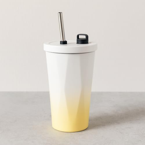 Image of YELONA 600 ml Vacuum Insulated Tumbler with Retractable Straw | Stainless Steel Portable Mug for Hot & Cold Beverages | Leak-Proof, Twist-Off Lid Flask for Coffee, Tea, Juices & More - Gradient Yellow