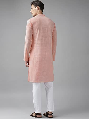 Image of See Designs Pink & White Cotton Regular Fit Kurta Set Madern Collar Stright Hem Side Full Sleeve Straght Kurta With Pyjama