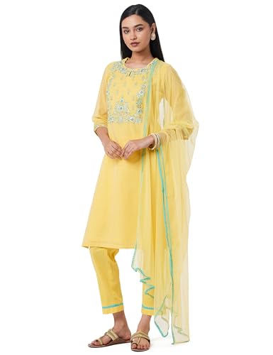 Image of BIBA Women Art Silk A-Line Kurta Regular Pant Suit Set