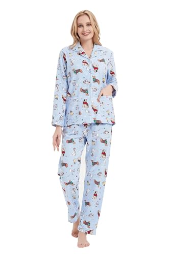 GLOBAL Schlafanzüge Damen Flanell | Baumwolle Damen Pyjama Set | Zweiteiliger Nachtwäsche Damen Pjs Set Lang | Knopfleiste vorne und Kordelzug |Blauer Süßer Hund L
