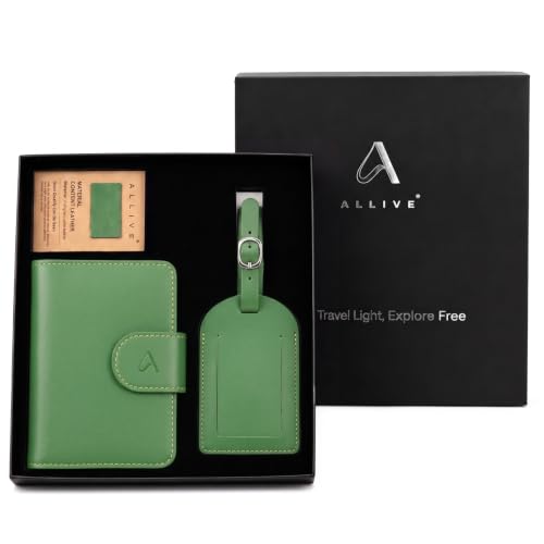 Image of ALLIVE Rfid Passport Holder for Travel Women, Rfid Passport Cover Wallet, Genuine Leather Passport Holder for Travel with AirTag Hidden, Gift Set with Luggage Tag in Premium Gift Box (Avocado Green)