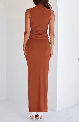 BTFBM Summer Two Piece Skirt Set for Women 2025 Dressy Lightweight Sleeveless Knit Top Going Out Split Maxi Skirt Set