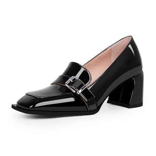 Women's Comfortable Buckle Chunky Heel Pumps Square Toe Work Dress Shoes