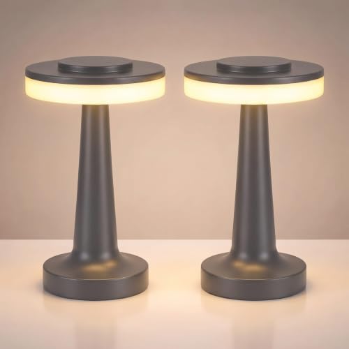 Image of Riakrum 2 Pcs LED Cordless Table Lamp Bulk Rechargeable,Gray | Portable Wireless Lamps, 3 Color Stepless Dimming, 15 Hour Battery, Touch Control, Wedding Home Restaurant Decor