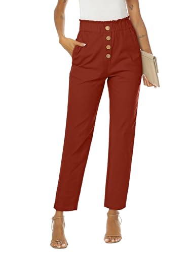 NIMIN Summer Pants for Women High Waist Pull On Pants Business Casual Pants Cotton Linen Ladies Dressy Work Pants with Pockets Rust Red X-Large